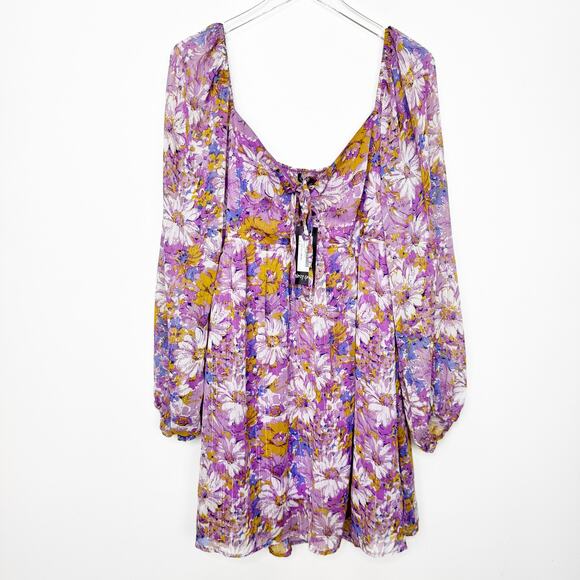 NWT Nasty Gal Plus Size Lilac Floral Lace Up Skater Dress 16 - Picture 1 of 6